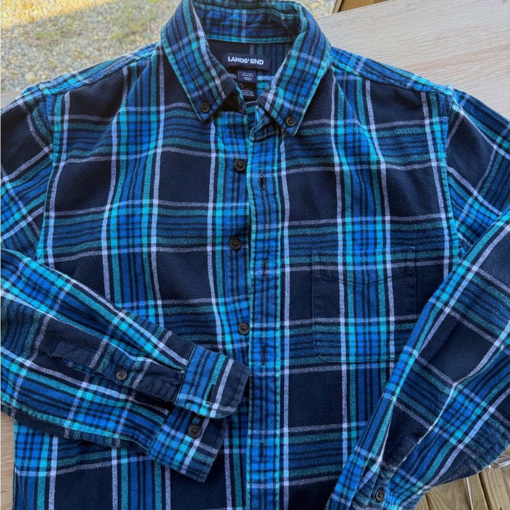 Lands' End Navy and Teal Plaid Button-Down Shirt